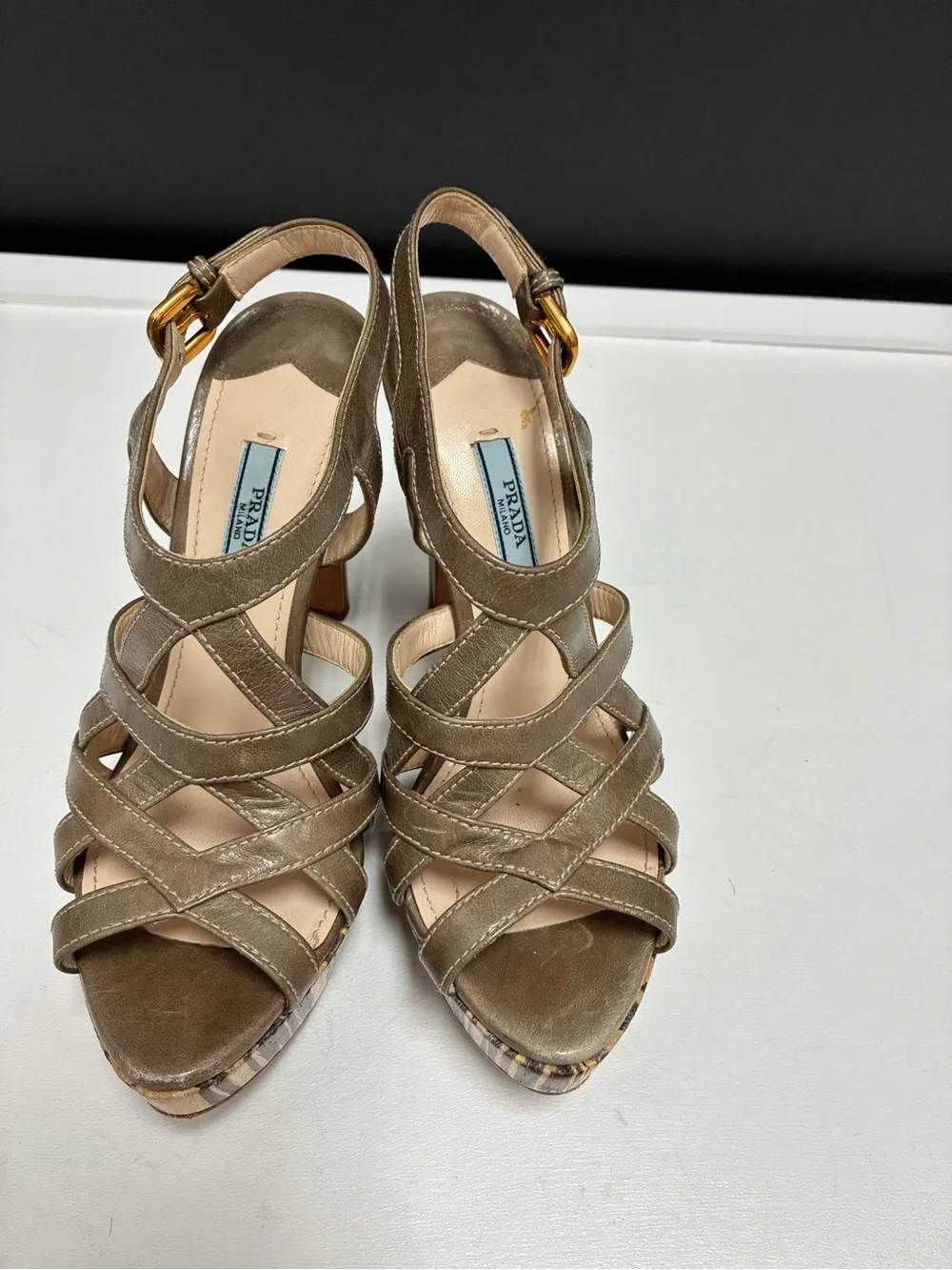 Prada Taupe Strappy Platform Heels